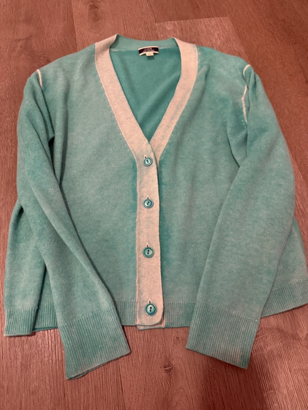 J. Crew 100% Cashmere V-Neck Button Cardigan with Cream Trim
